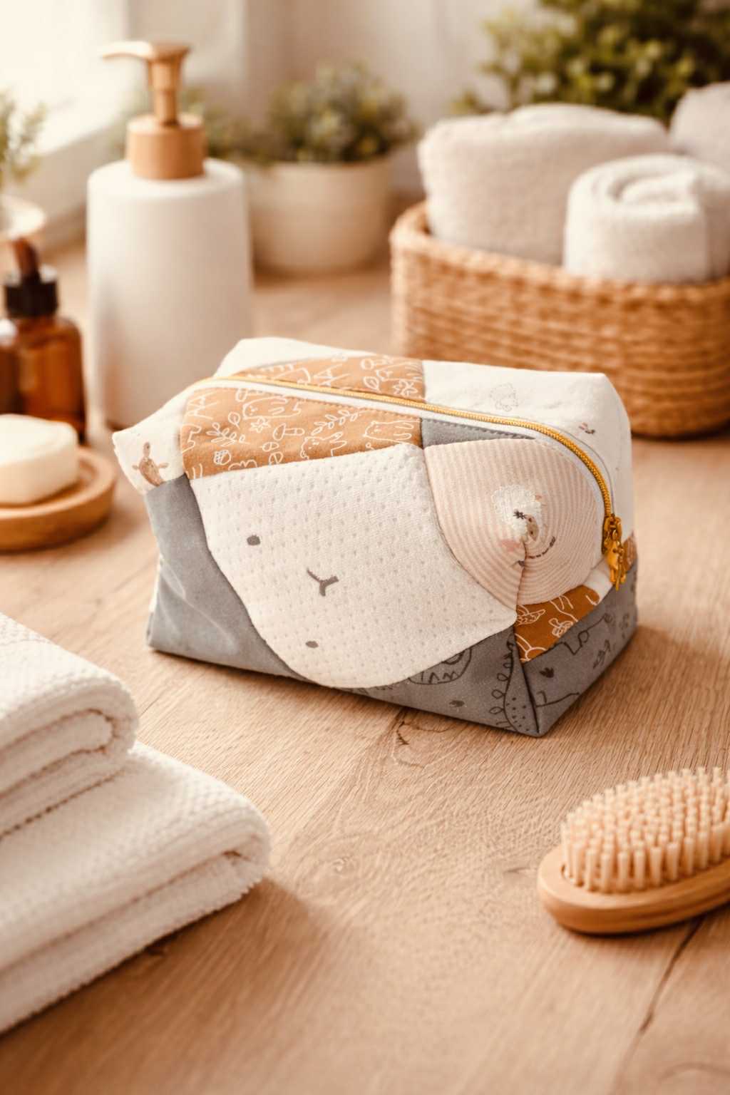 🧼 Trousse de toilette souvenir – Patchwork personnalisé